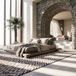 © Khawla - Ultra Wide Angle Minimal Bedroom with Cozy Lounge Corner Featuring Travertine Stone and Light Oak Textures