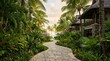 © Fauzan - Winding stone pathway through a lush tropical resort, leading to a serene beachfront paradise with exotic palm trees and luxurious accommodations, perfect for an unforgettable escape