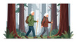 © denson - Active senior couple hiking through a lush forest with backpacks and trekking poles flat design vector illustration.