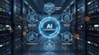 © Yassine - Digital ai governance interface displaying essential concepts of fairness security compliance accountability transparency and ethical use in a modern server