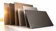 © high quality design  - A row of metallic, rectangular panels in varying shades of gray and bronze stand on a glossy surface, catching the soft light of a distant sunset.