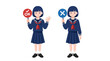 © KangSa - Young student in uniform with OK and X signs, representing choice and decision making, concept for educational materials, survey design and opinion polls.