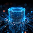 © Viktor - Glowing blue digital cylinder on circuit board background. Futuristic data processing, abstract tech concept. Neon light highlights intricate lines, network connection.