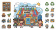 © linda - Children shopping at a colorful eco-friendly market with recycling symbols.