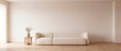 © Rendara Studio - Panoramic minimalist japandi living room mockup with boucle sofa and blank wall