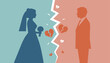 © Siam - Abstract illustration representing a broken marriage with a couple in silhouettes separated by a jagged crack and broken hearts.