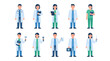 © Satriyo - Flat Vector Illustration Set of Professional Medical Staff Including Doctors and Nurses in Uniform Holding Various Healthcare Equipment for Hospital Healthcare Concepts