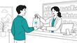 © Creative Garage - Pharmacy customer buying medication from a professional pharmacist in a modern drugstore interior vector illustration featuring outline design style with teal accent color highlights