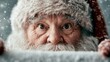 © PinkiePie - Happy Santa Claus looking over the top of a large blank white horizontal billboard, snowy grey background, commercial mockup photography, high resolution, empty copy space for design
