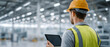 © Kingdola - Factory Foreman's Oversight: A vigilant factory foreman, clad in a yellow hard hat and safety vest, inspects the industrial plant floor while holding a tablet.