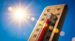 © Design Store - Sunny sky with thermometer showing high temperature indicating summer heatwave danger and extreme weather conditions across land.