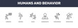 © Abstract - humans and behavior icon set with storekeeper, smortsmen, fitness exercises, carrying on back signs in flat outline style