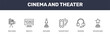 © Abstract - cinema and theater icon set with movie camera, 1080p hd tv, headphone, star movie award signs in flat outline style