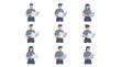 © Satriyo - Collection of professional workers in blue uniforms holding document folders for office management and corporate business services icons
