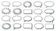 ©  DEWAN  GRAPHIC TAKE - Collection of black and white comic book speech bubbles with halftone dot patterns, various shapes including rectangles and clouds, isolated on a white background for
