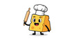 © RafaelC - Happy wedge of cheese character wearing a white chef hat and holding a wooden rolling pin in a playful culinary illustration art.
