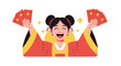 © RafaelC - Happy girl in traditional red clothing holding several red envelopes while celebrating the festive Chinese New Year.