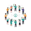 © Tlaten - Diverse People in Circle with Peace Symbol and Doves Flat Illustration