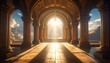 © Zam - Majestic sunlit archway of a classical building with mountainous backdrop