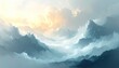 © Zam - Majestic mountain range enveloped in ethereal clouds, illuminated by a soft, warm light