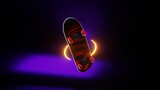 3D Skateboard Render with Red Wheels and Glowing Neon Ring on Purple Light Background