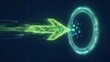 © joeycheung - A glowing green arrow points toward a futuristic circular interface with digital data.