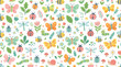 © 21graphic - Adorable Flat Doodle Nature Seamless Pattern for Kids' Design with Cute Insects and Green Plants