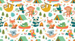 © 21graphic - Children's Outdoor Adventure with Cute Cartoon Animals Camping - Seamless Flat Vector Pattern.