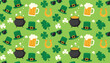 © MS - Saint Patrick's Day seamless pattern with green leprechaun top hats, gold coin pots, beer mugs, shamrocks, and horseshoe.