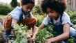 © Thares2020 - Happy siblings are joyfully planting colorful flowers in their peaceful backyard garden under soft ambient light