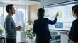 © Olivia - Business team analyzing renewable energy grid integration plan on large interactive screen