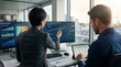 © Olivia - Financial analysts reviewing clean energy investment portfolio on monitors with stock market graphs, solar panels and wind turbines view outside window