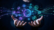 © sohel - Hands holding a glowing digital brain hologram with neural network connections in dark space