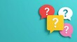 © Pixels Stock - Colorful paper cut-out speech bubbles with question marks on teal background, concept of uncertainty, inquiry, confusion, and searching for answers or solutions.