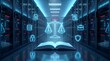 © Pixels Stock - Conceptual illustration showing digital justice and legal technology with glowing neon scales of justice symbols and open book inside modern server rack room data center office.