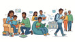 © Biz - Illustration of diverse people of various ages reading books and using tablets in different settings with a clean white background and a mix of vibrant and muted colors.
