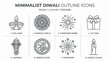© Vectors Collection - Minimalist Diwali outline icons set, 8 editable line-art vector elements for Hindu festival of lights, traditional Indian holiday symbols
