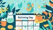 © vixion - A calendar with the words 'Retiring Day' highlighted, surrounded by tropical plants, a teapot, a cup, and other objects, indicating a relaxing and joyful retirement.