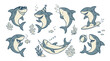 © Thai - Comprehensive collection of 56 flat vector icons featuring playful cartoon sharks illustrating diverse emotional expressions, aquatic activities, and underwater sea life in a minimalist style.