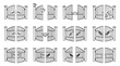 © Dika - Ornate Gate Icons Set: Open, Closed, Sunrise, Birds, Leaves - Vector Graphics