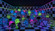 © juje - Luminous neon geometric shapes reflecting on a checkered floor within a dark vaporwave aesthetic room featuring glowing spheres and cubes in a surreal futuristic interior environment design.