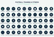 © Hanna - Football training icon set, soccer fitness and conditioning symbols, practice drill vector illustration. Perfect for sports coaching app and athletic performance content with duotone style.