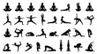 © chouadhrynuman - Yoga silhouette collection with 32 female poses, black vector icons of woman practicing pilates and meditation, fitness exercise asana set