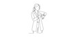 © Three - Continuous line drawing of a female doctor checking her watch.