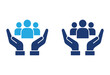 © Creative - Blue business icons showing hands protecting a group of people for insurance and support concepts.