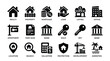 © Ananna - Real estate property icons including realty house mortgage loan listing office apartment yard sign bank sold key location search valuation protection development amenities.