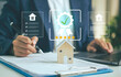© Custard Pixel - Property certification review concept with businessperson checking home documents five star approval mortgage assurance real estate compliance valuation trust and secure investment