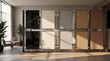 © mrrnill - Professional showroom interior display racks featuring samples of marble stone wood slat concrete tiles and ceramic materials for architecture design project.