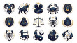 © Amalia Rhm - Set of zodiac signs icons with gold and dark blue celestial mystic design, astrology symbols illustrations on white background