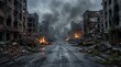 © Shipna - Destroyed city street with damaged buildings and fire smoke after a war conflict in a dark and sad urban landscape